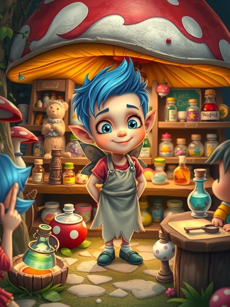 Charming Fairy's Toadstool Potion Shop in Cartoon Style