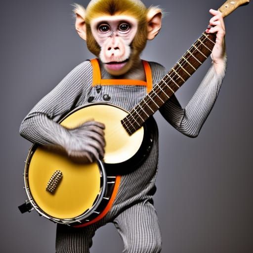 A monkey in striped gray bib overalls playing a banjo shaped...