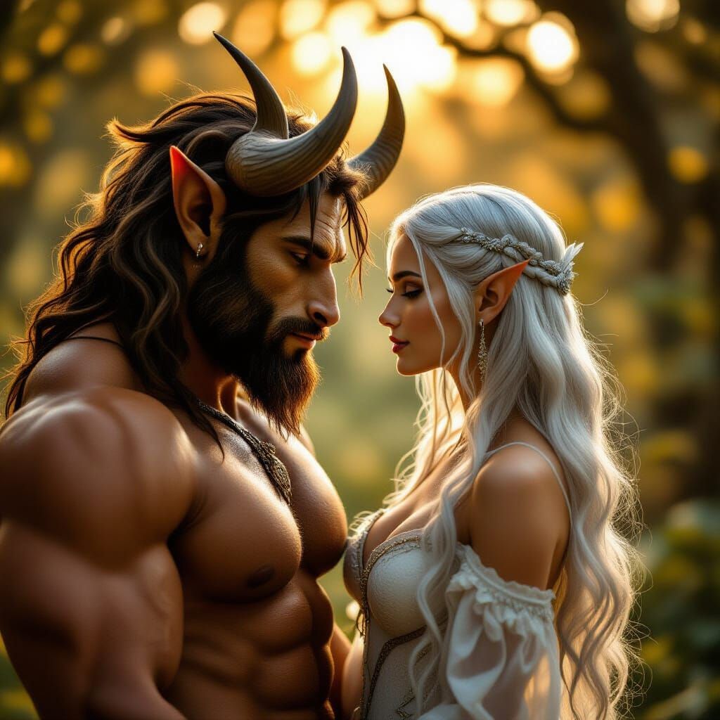 Minotaur and Elf Share Love in Sunlit Forest
