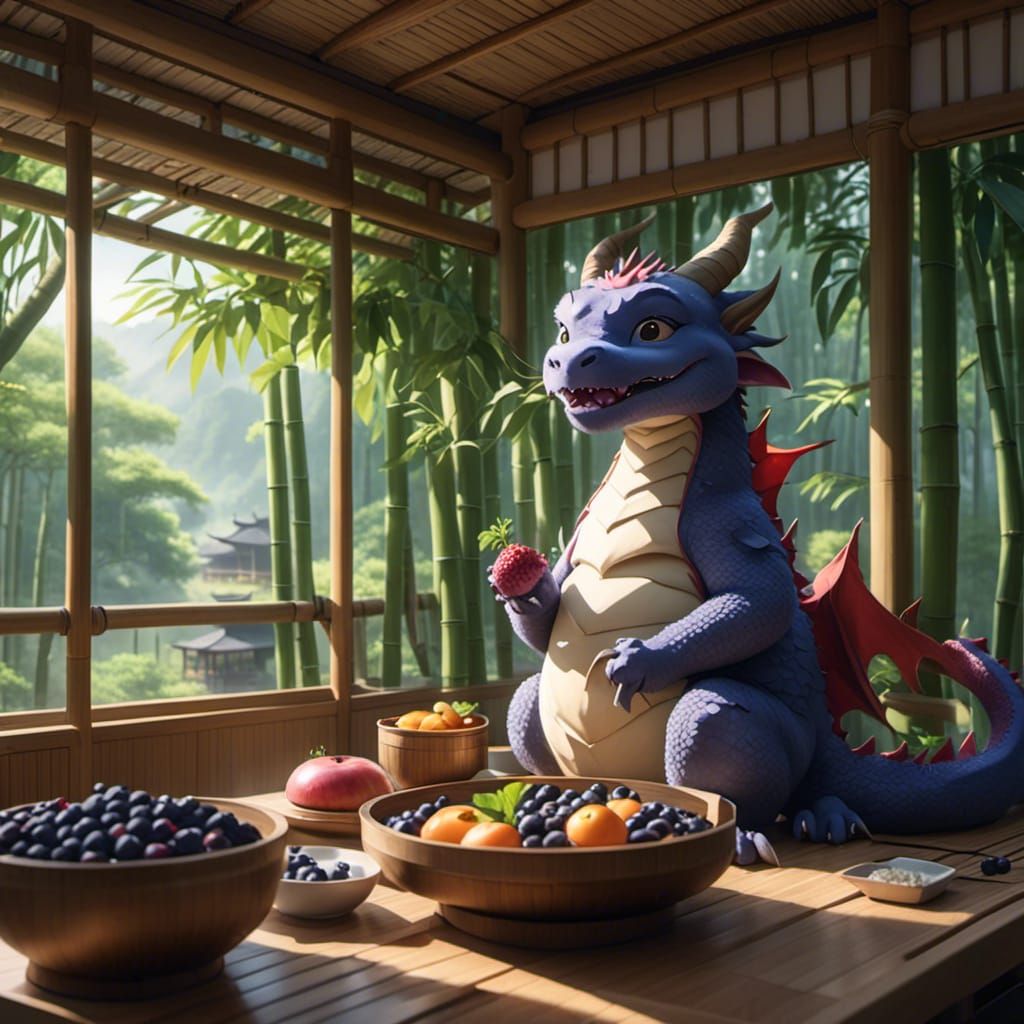 Dragon Eating Blueberry in Ghibli Anime Style