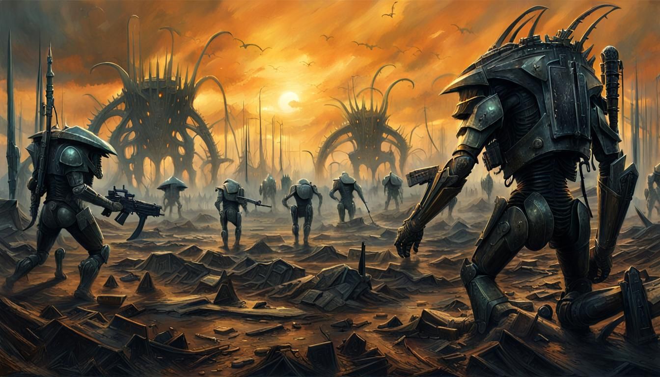 Dystopian Sci-Fi Battlefield: Cinematic Metallic Predators