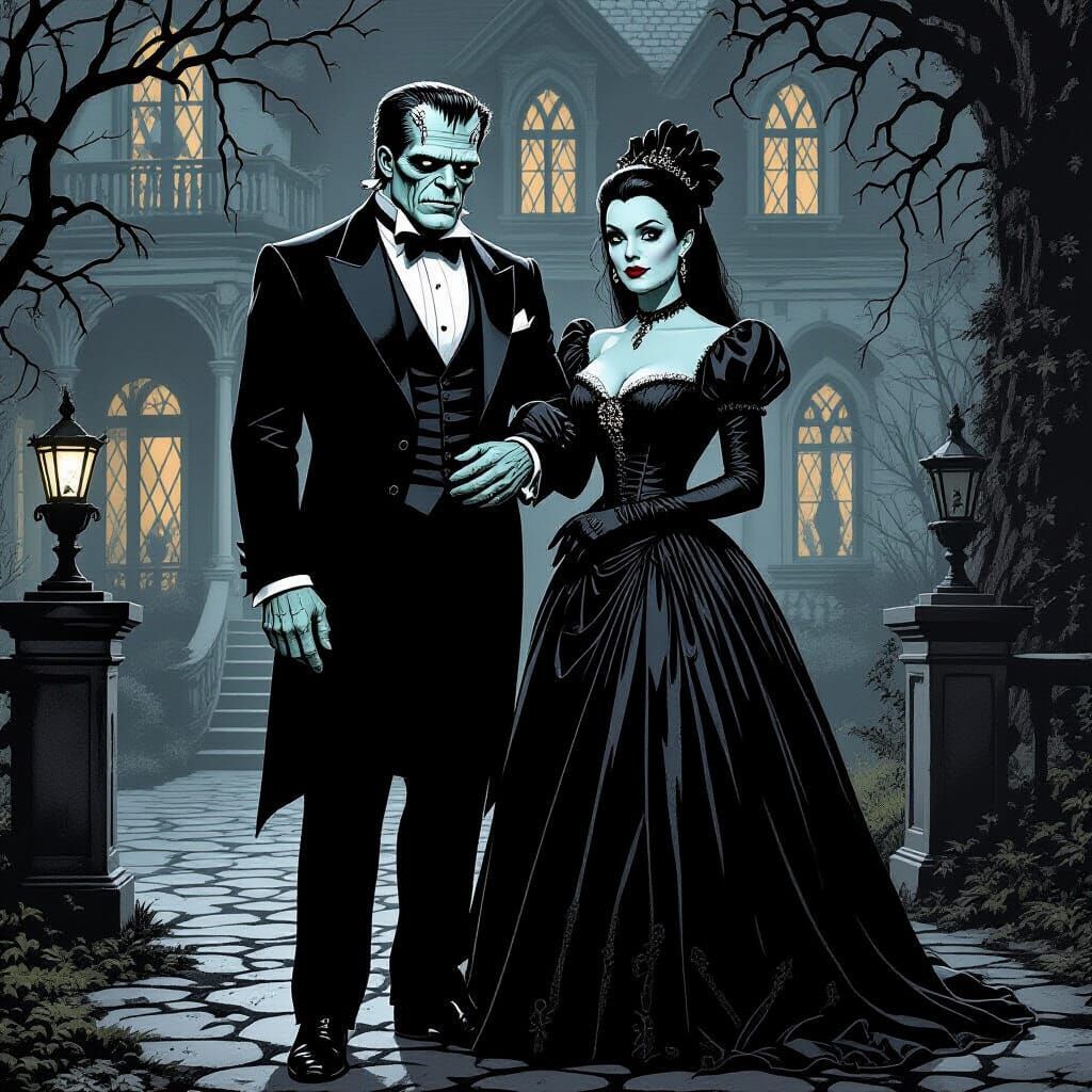 Frankenstein's Monster and Lily Munster in Gorey Style