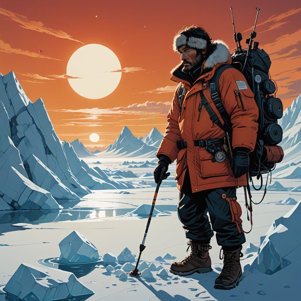 Hunter Amidst Icy Landscape in Epic Digital Painting