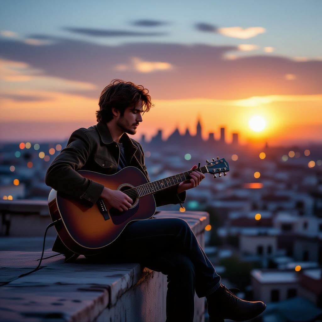 Rooftop Musician at Dusk: Impressionistic Realism