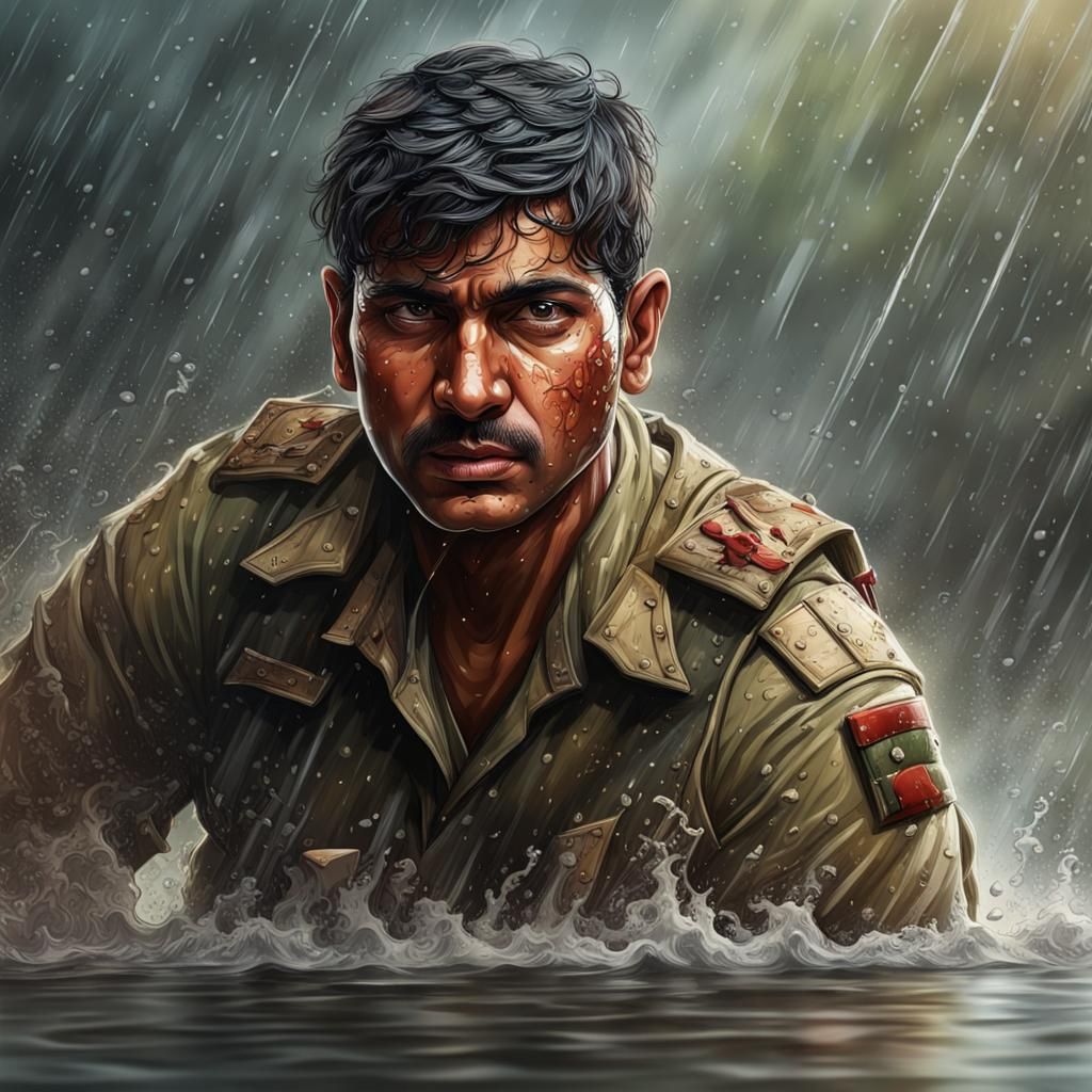 Wounded Soldier in Rain: Hyperrealistic Concept Art