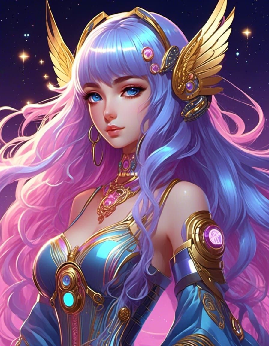 Anime cyberpunk Goddess long blue hair, lavender eyes, iridescent pink holographic wings, pink, sky blue purple with gol...