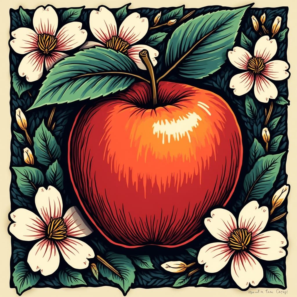 Vintage Sailor Apple with Woodcut Details and Folk Art Aesth...
