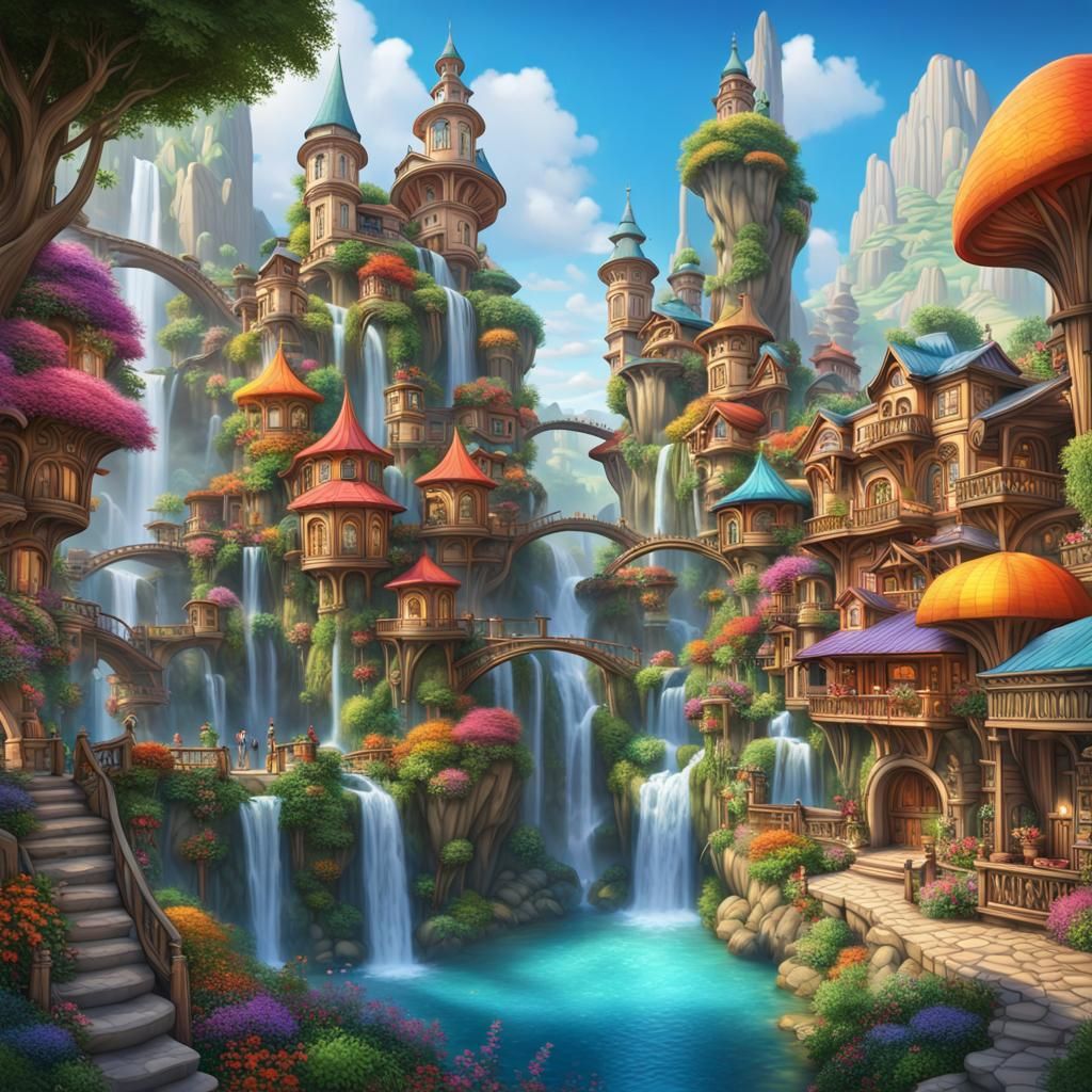 A vibrant and enchanting utopian town nestled in a fantastic...