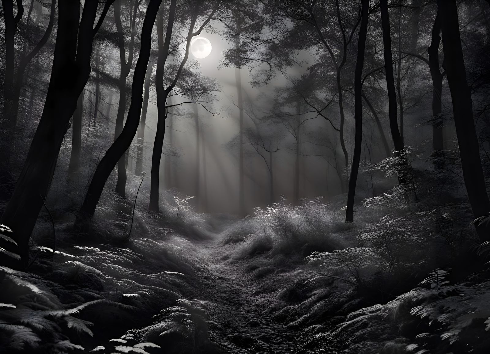 Full Moon Through Dense Forest Canopy in Black and White