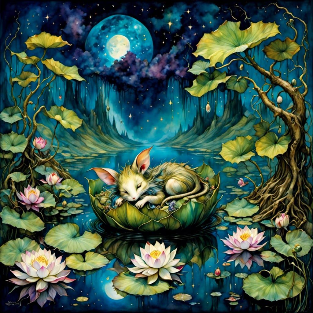 Baby Fey Sleeping in Lotus Blossom: Alcohol Ink Art