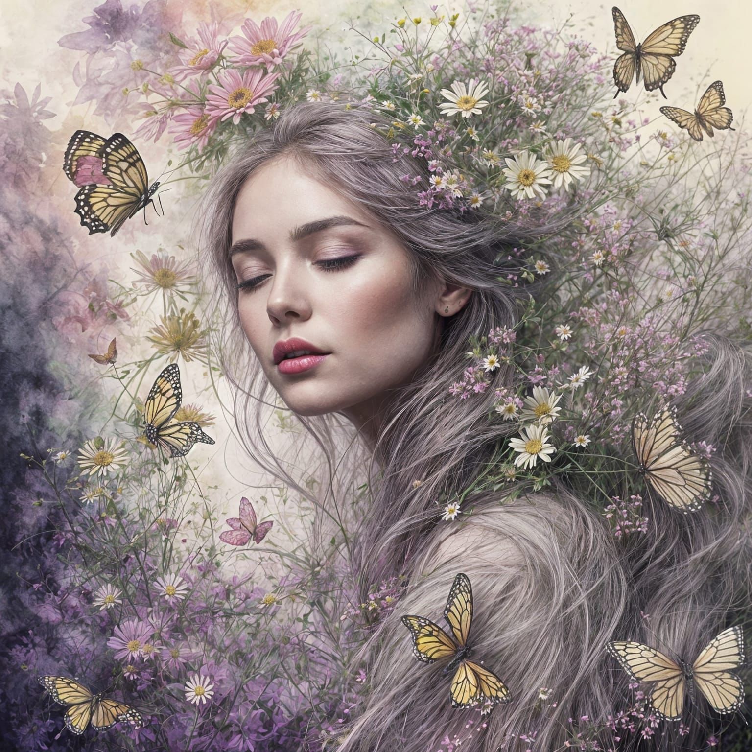 Surreal Floral Woman Portrait with Watercolor Background