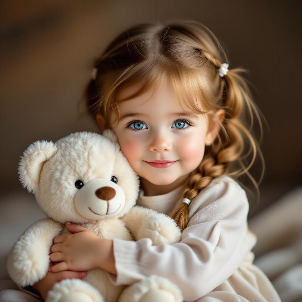 Adorable 3-Year-Old Girl Hugs White Teddy Bear