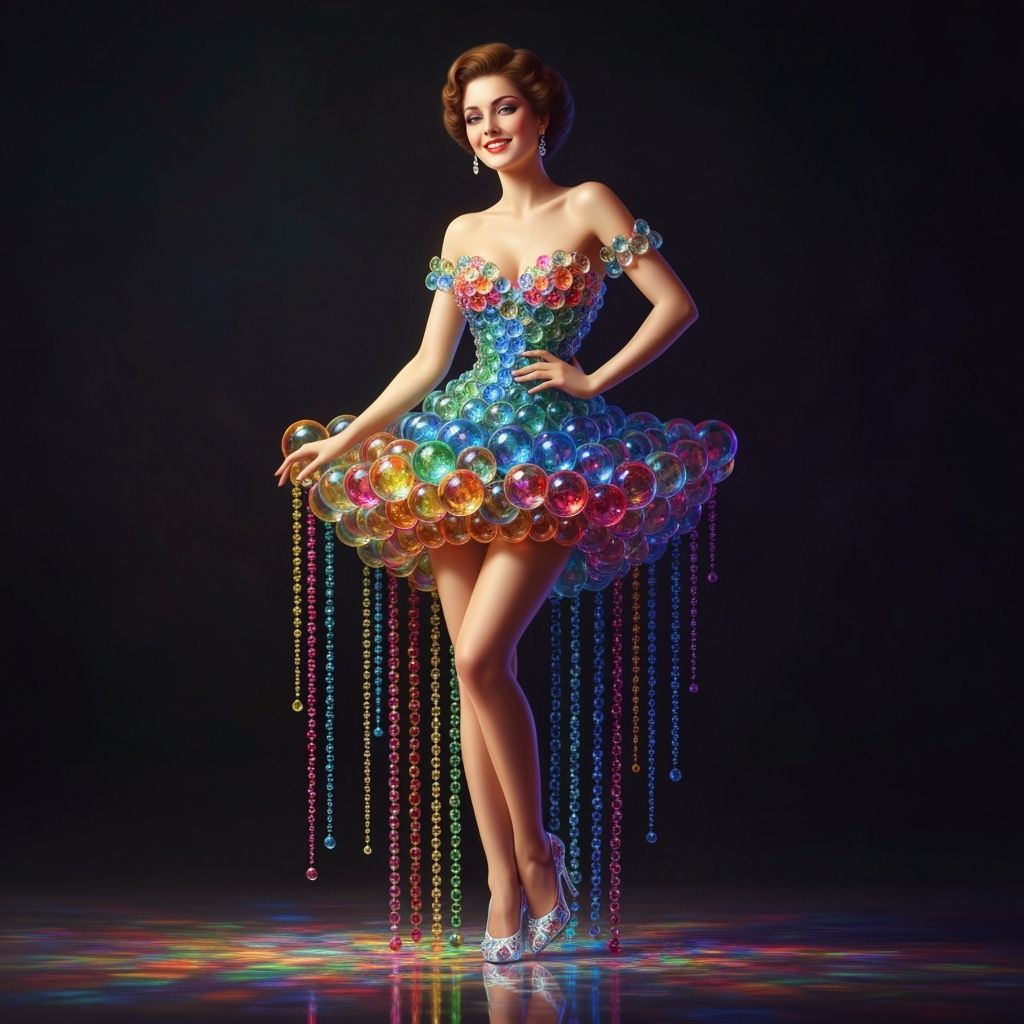 Woman in Shimmering Rainbow Glass Bead Dress