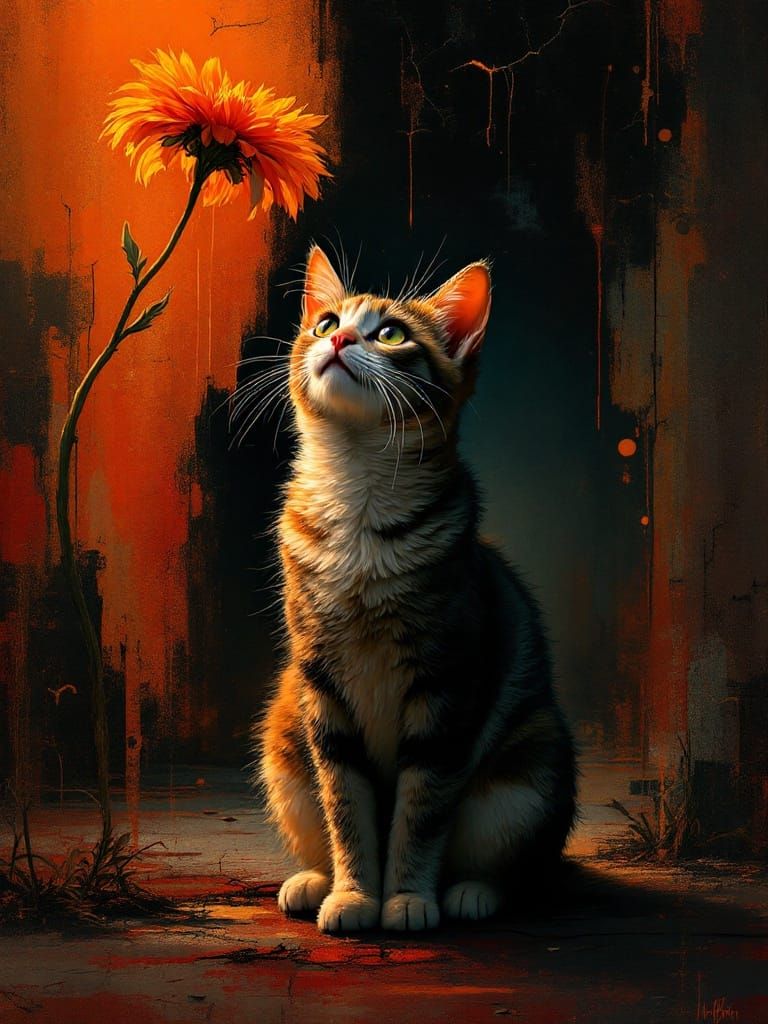 Vibrant Sunset Portrait with Feline and Sunflower