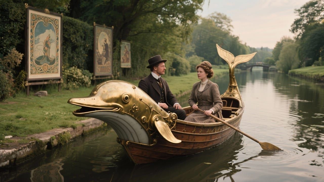 Steampunk Dolphin Boat on English Canal, Art Nouveau Style