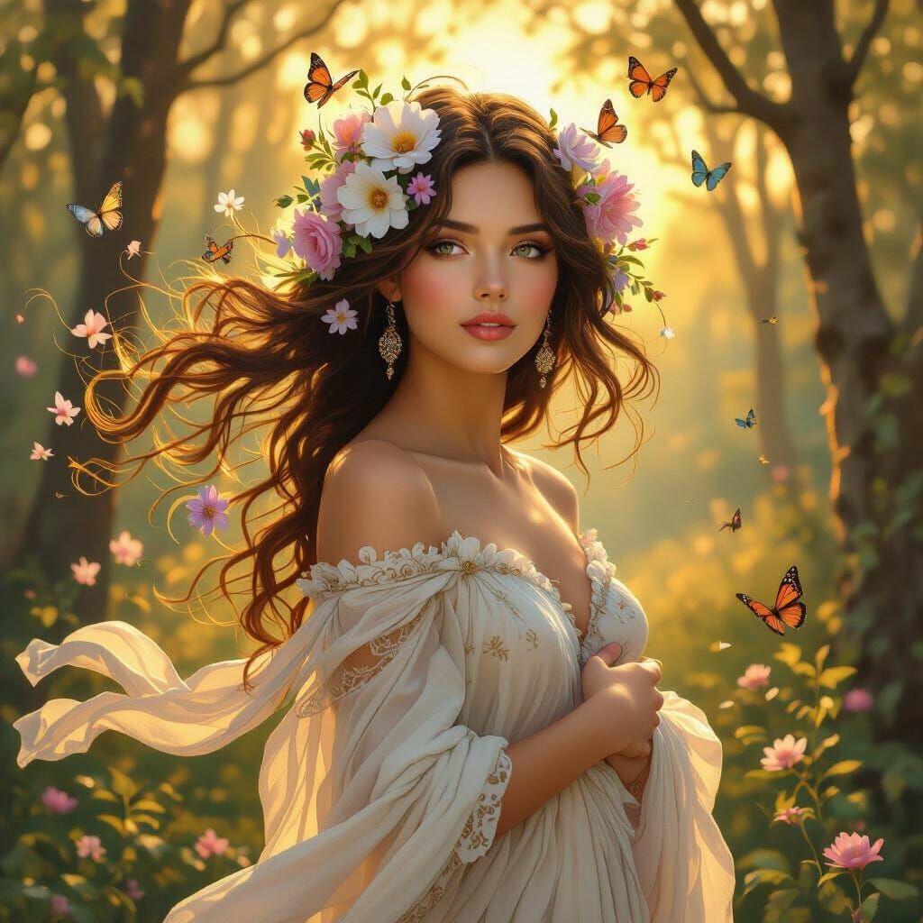 Floral Woman in Sunlight, Art Nouveau Style