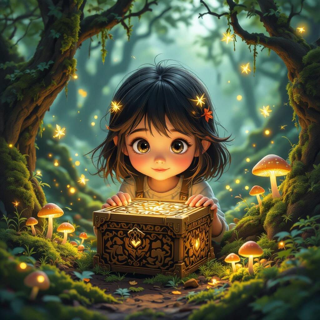 Girl Discovers Magical Puzzle Box in Enchanted Forest