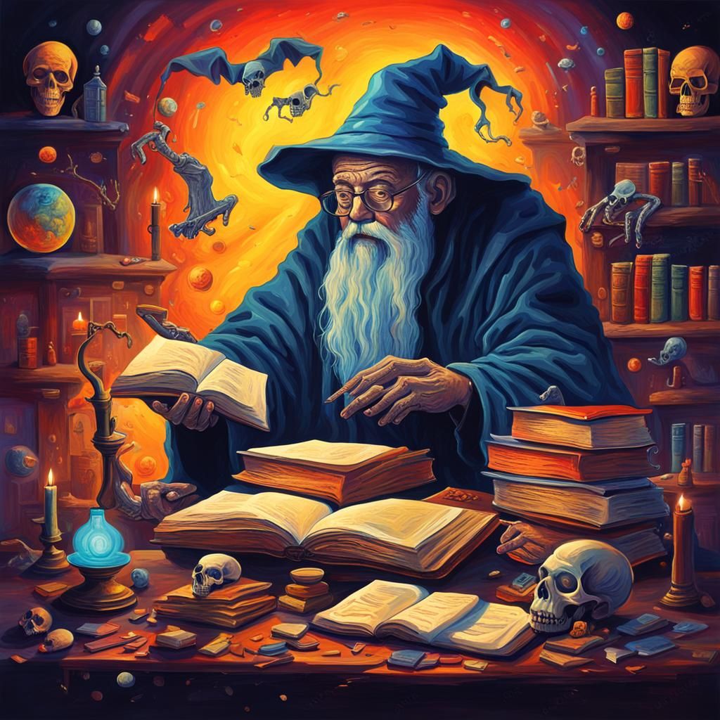 Wizard Studying with Skull, Ghosts, and Vivid Colors