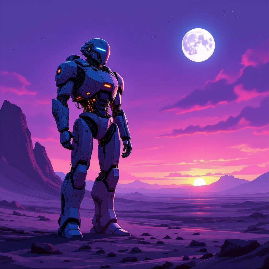 Stoic Robot Explores Alien Planet Under Purple Sky