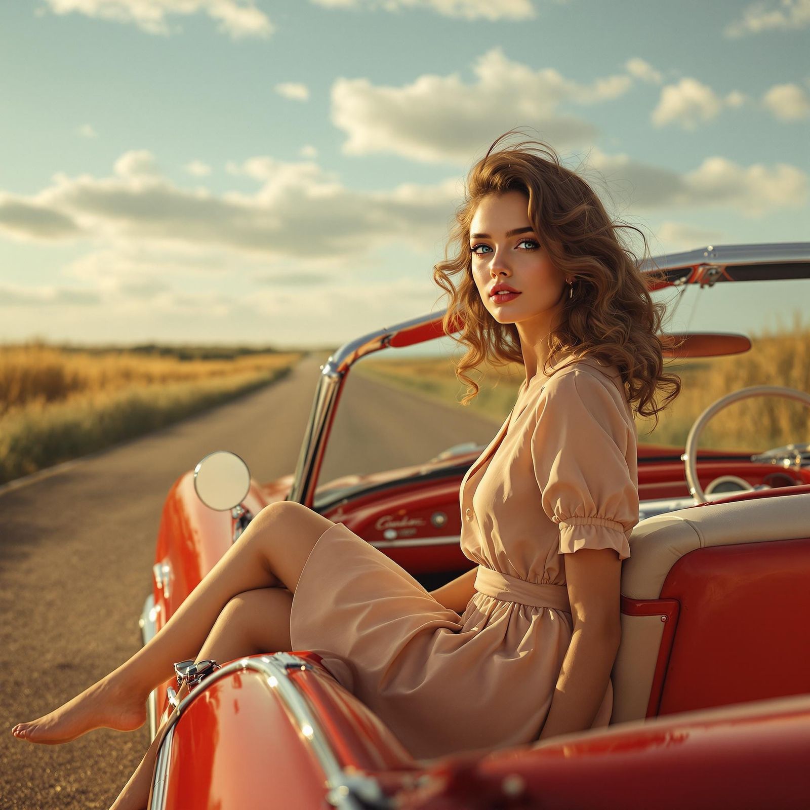 Golden Hour: Woman in 1950s Convertible