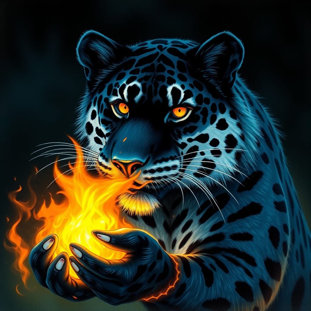 Hybrid King with Fiery Palms in a Surreal Landscape