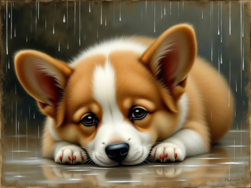 Sad Corgi Puppy in Gentle Rain Oil Painting