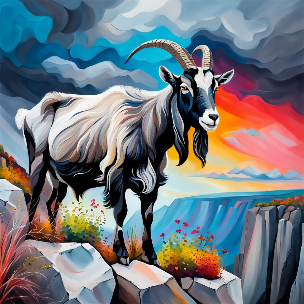 Wild Grey Goat Portrait in Abstract Pastel Style