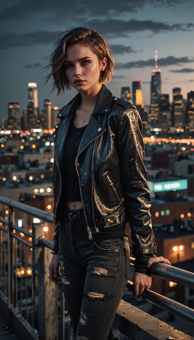 Anime Woman on Rooftop at Dusk, Digital Art