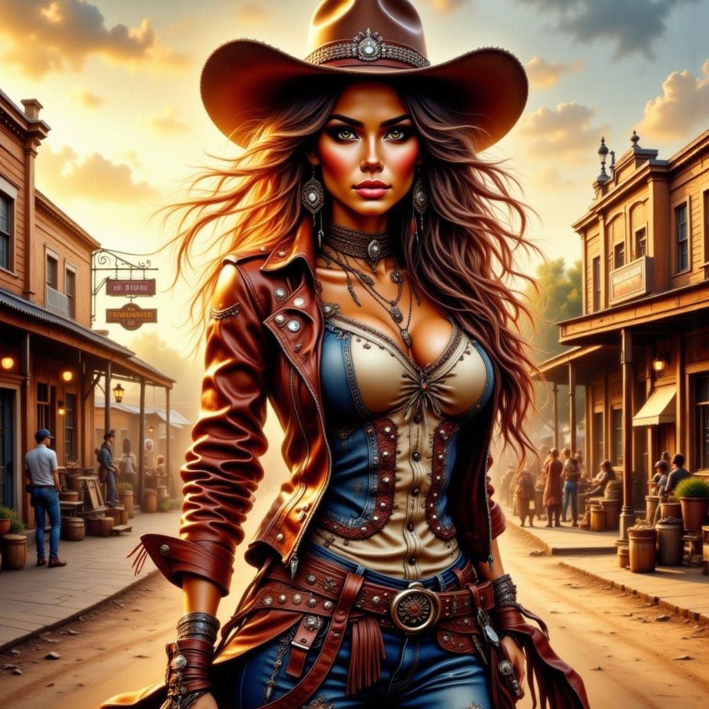 Surreal Western Goddess in Dusty Sunset Town