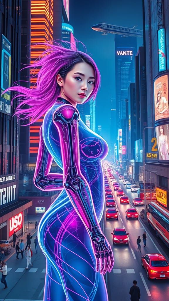 Confident Cyberpunk Hologram Woman in Futuristic Cityscape