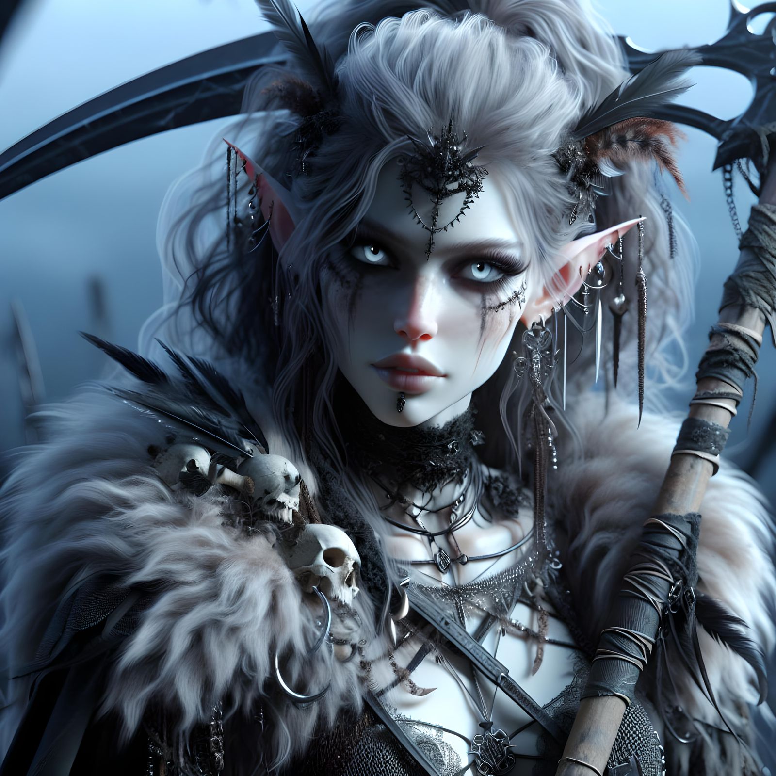 Shadar-Kai Elf Barbarian with Scythe in Digital Painting