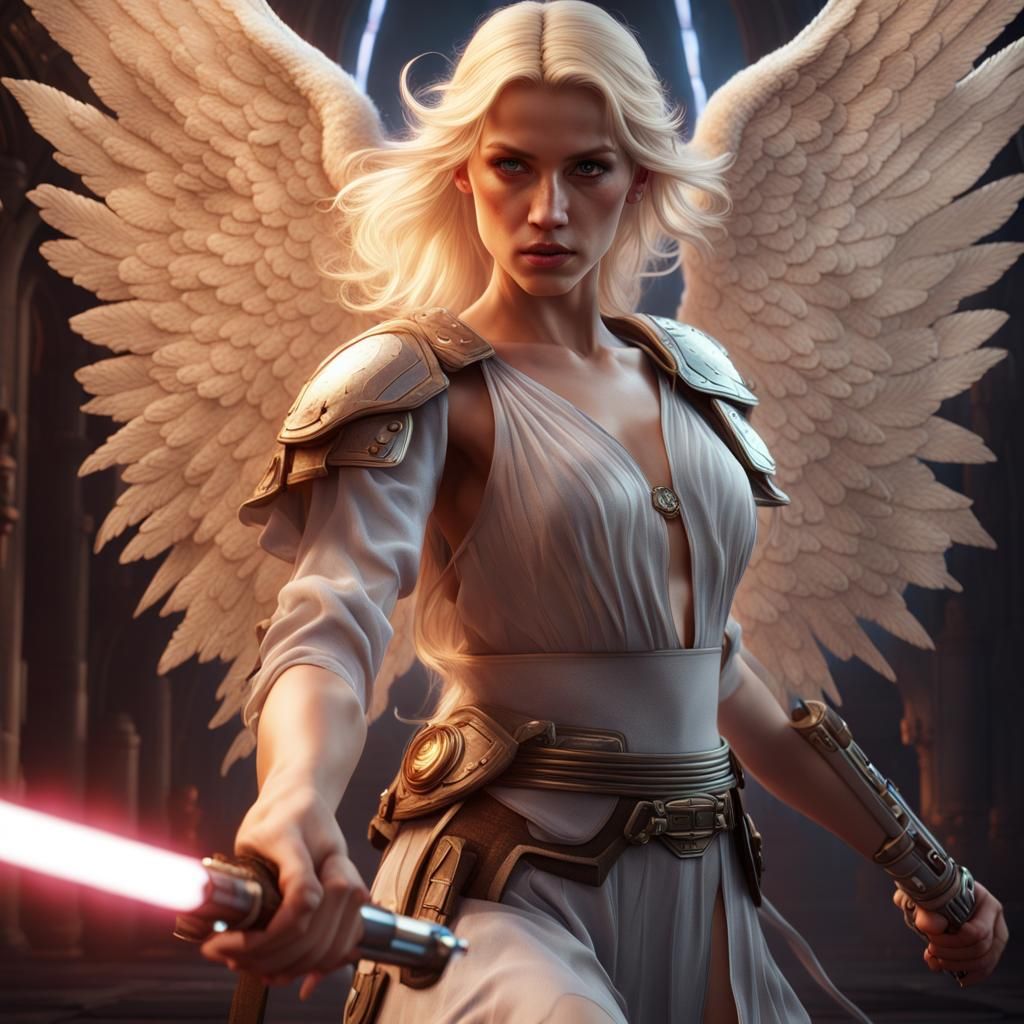 Blonde Angel Wields Lightsaber in Action Pose