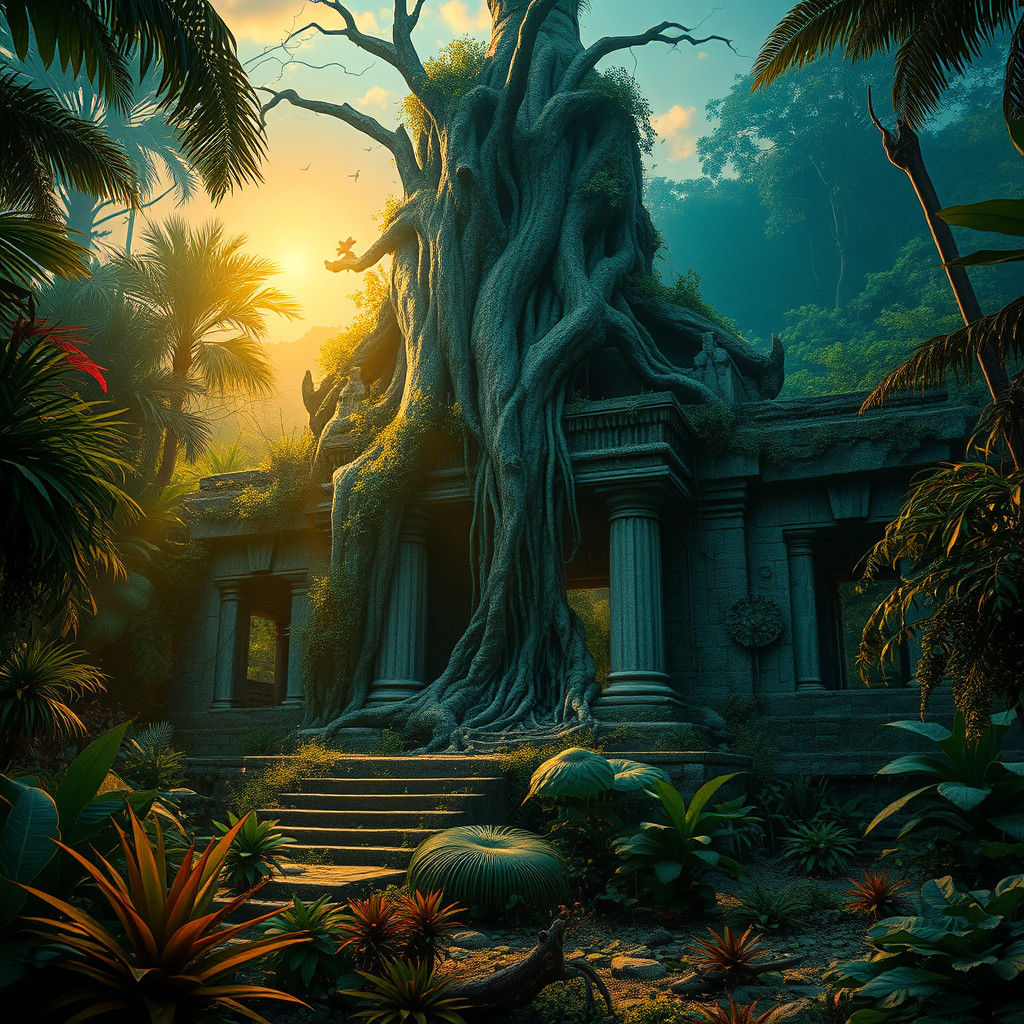 Mystical Jungle Temple at Sunset