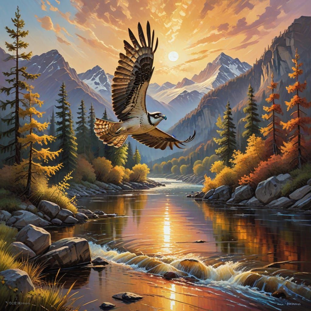 Osprey in Flight Over River Basin, Neo-Impressionist Oil Pai...