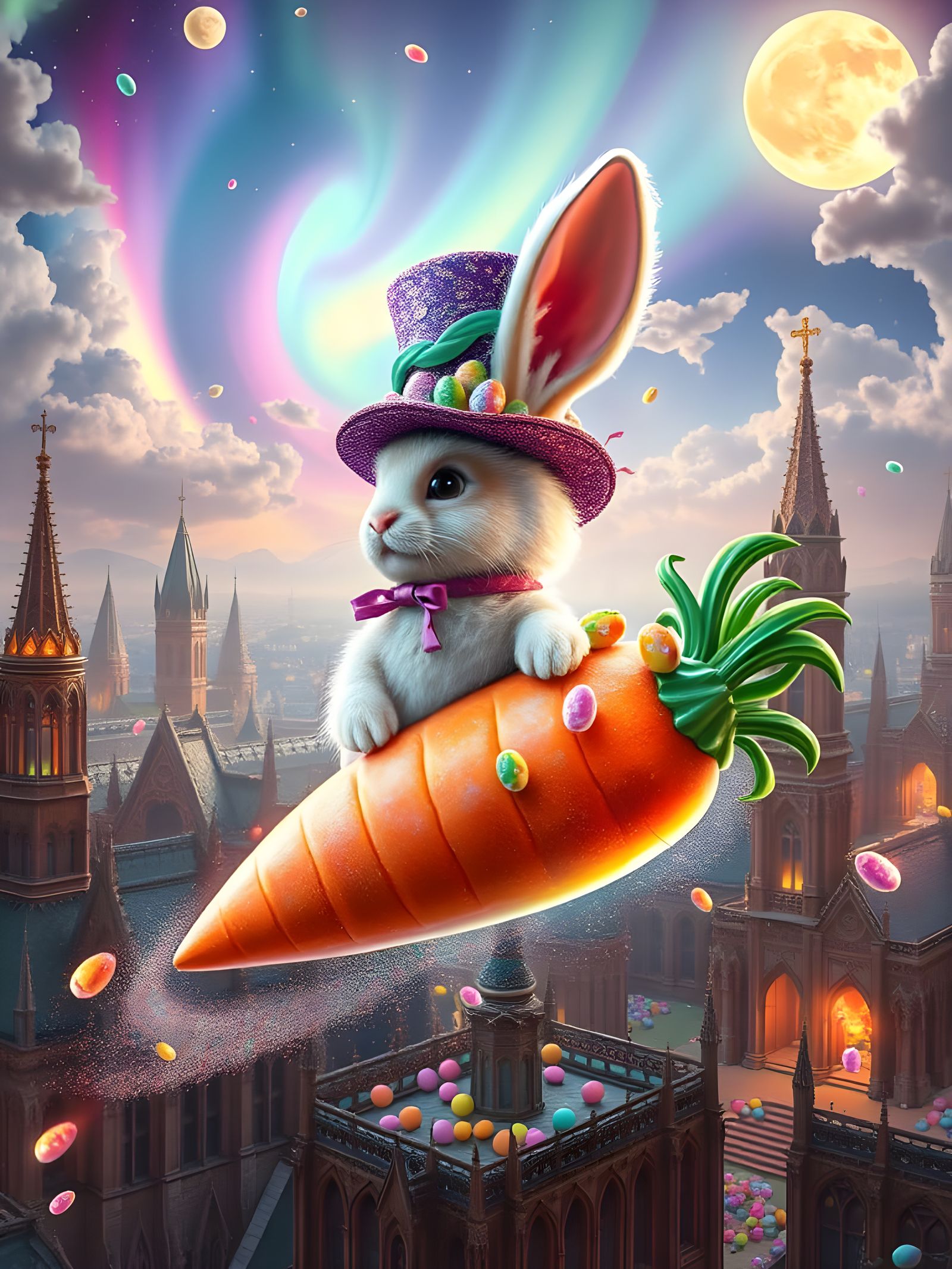 Majestic Whimsigoth Chocolate Cityscape with Flying Easter B...