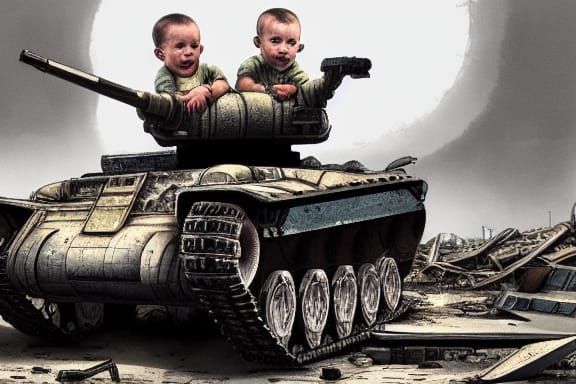 Soldier with Baby on Tank in Pop Art Style