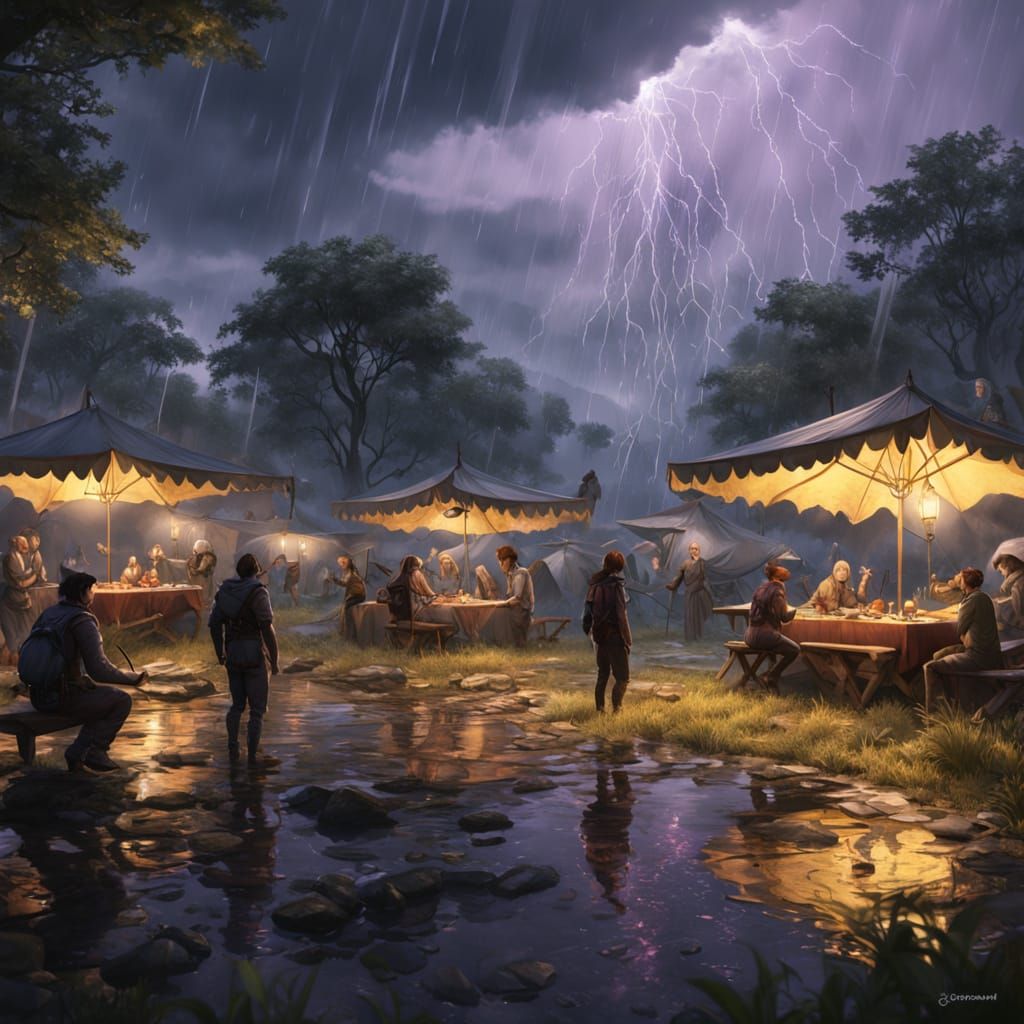 Dark Fantasy Picnic Downpour in Digital Art Style