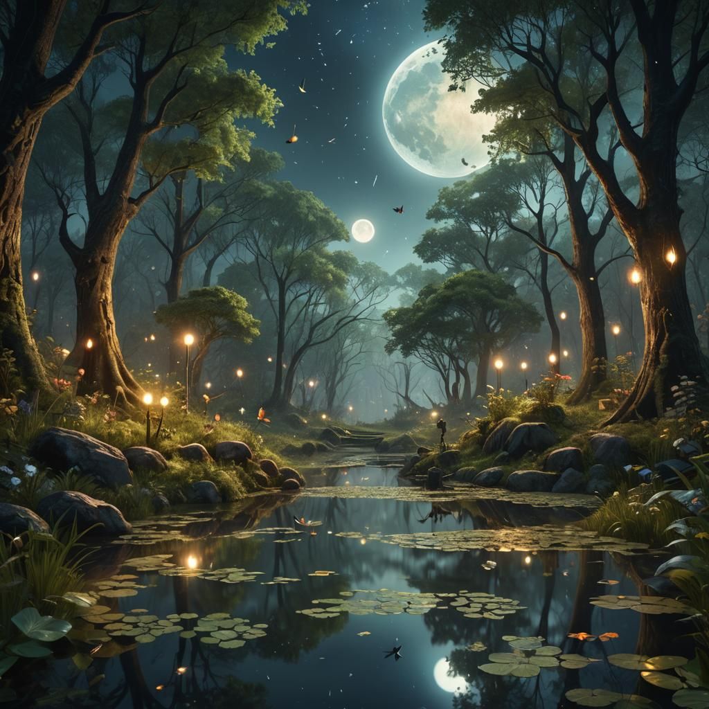 Enchanted Forest Pond at Night, Detailed Matte Painting