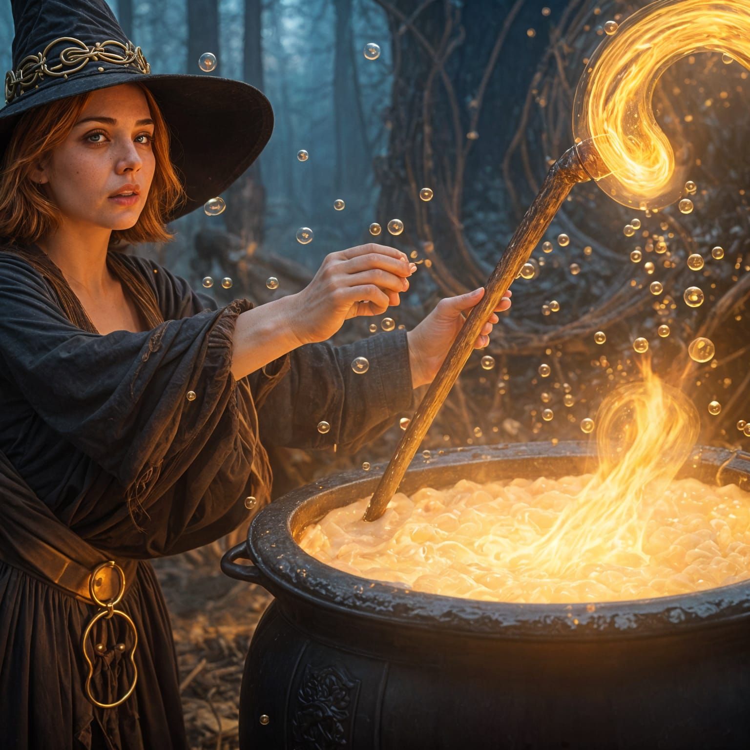Whimsical Witch Brews Magic in a Fiery Cauldron Scene