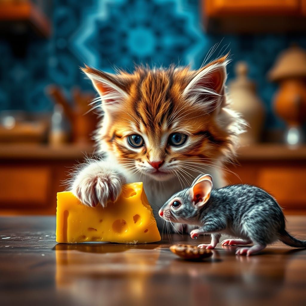 Fluffy Kitten Offers Cheese to Mouse in Kitchen