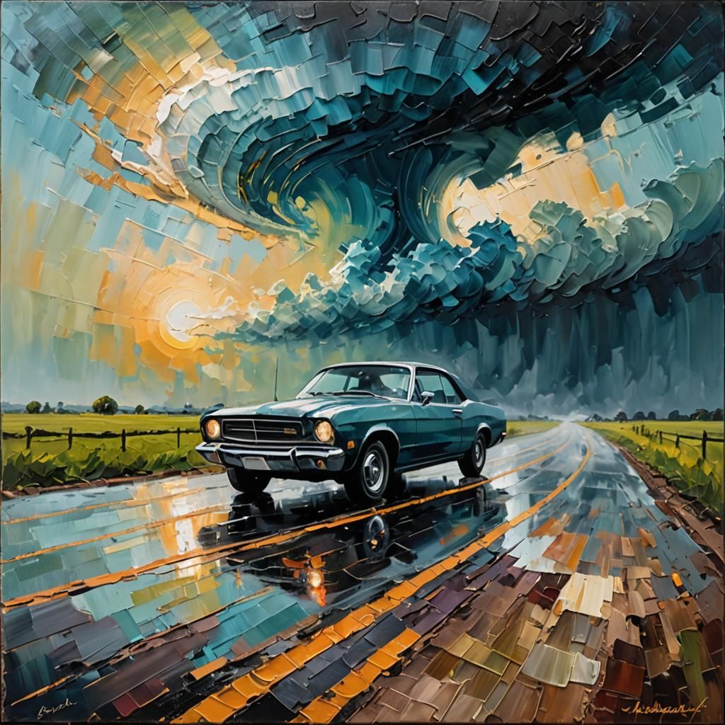 Impasto painting of a lone car on a road, a powerful tornado darkens the distant horizon, abstract impa...