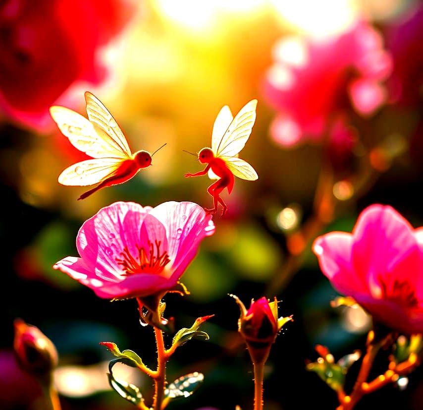Rose Fairy in Dew-Kissed Wildflower Garden