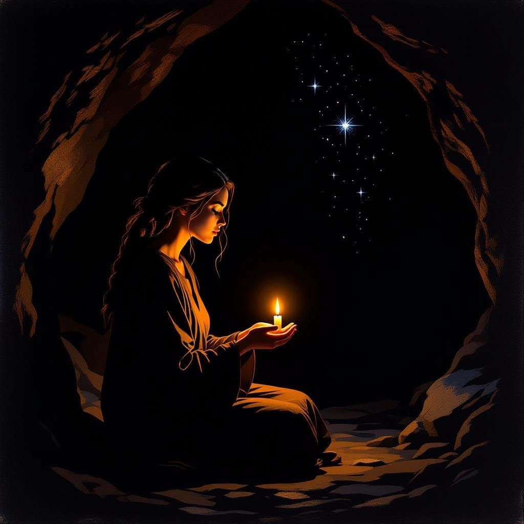 Candlelit Woman in Cave: Emotional Abstract Expressionism