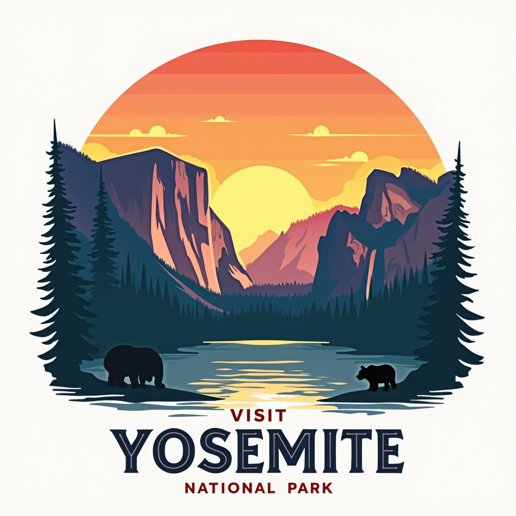 Yosemite National Park: Retro Sunset Vector Illustration