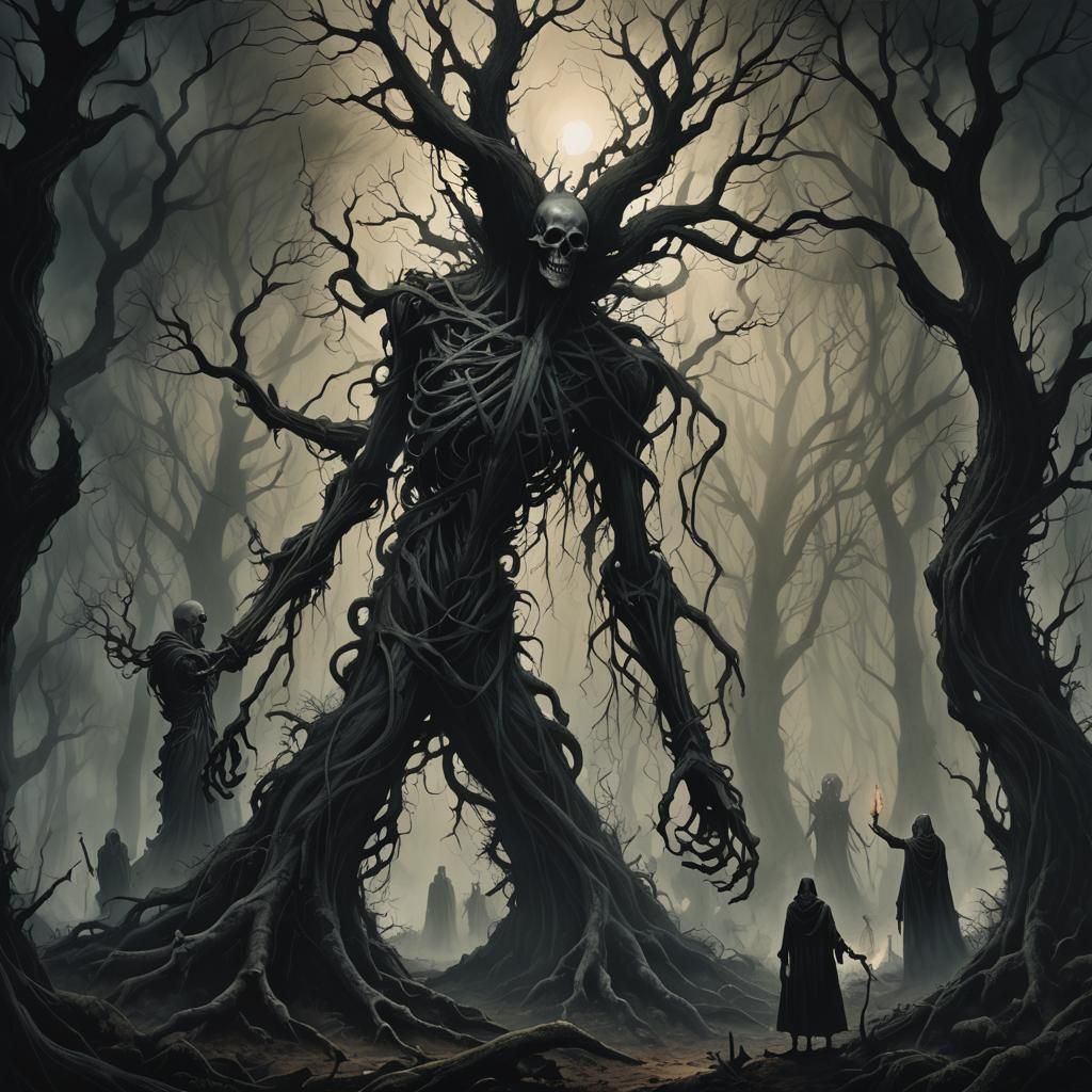 Eerie Dark Fantasy Forest with Gaunt Figures