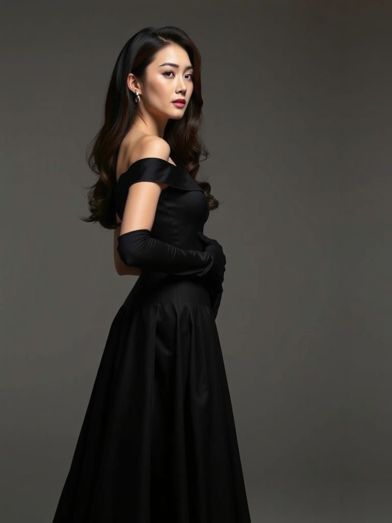 Elegant Woman in Black Off-Shoulder Dress: Fashion Portrait