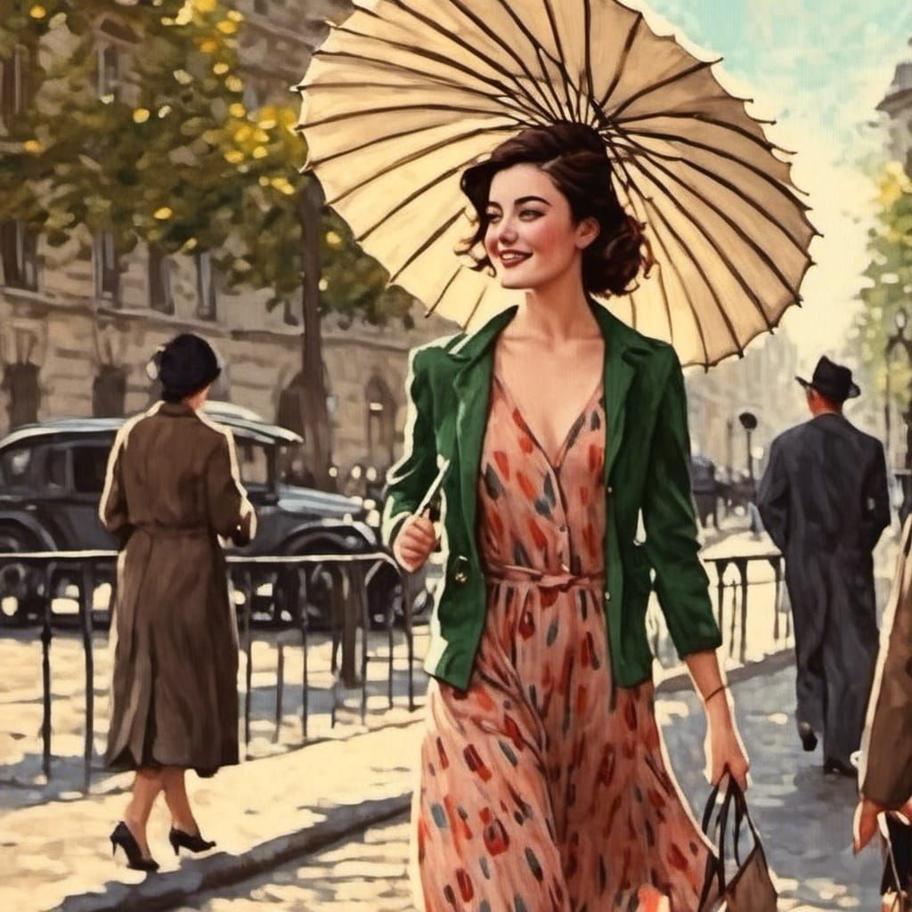 Woman in 1930s Parisian Clothing, High-Quality Painting