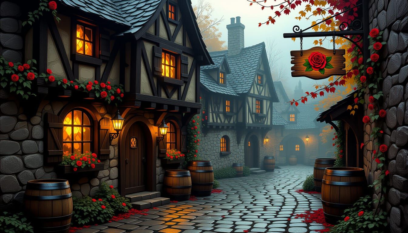 Impasto Painting of Medieval Tavern in Autumn Forest