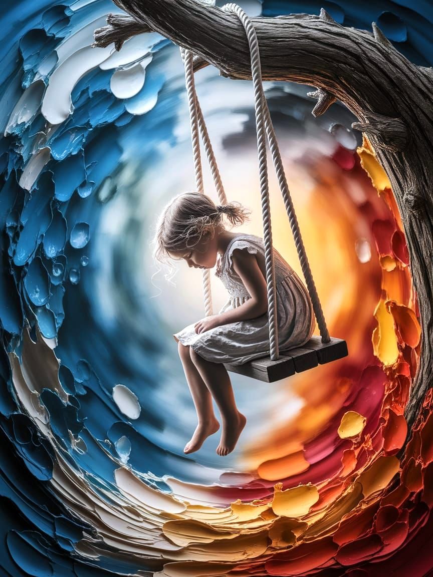Abstract Impasto Painting of Girl on a Swing