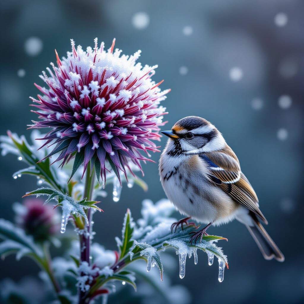 Fluffy Bird Amidst Snowy Thistle: Wildlife Photograph